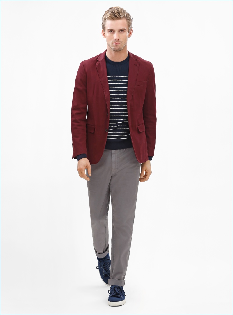 RJ King sports a red sport coat with grey chinos and a Breton stripe sweater from Brooks Brothers Red Fleece fall-winter 2017 collection.