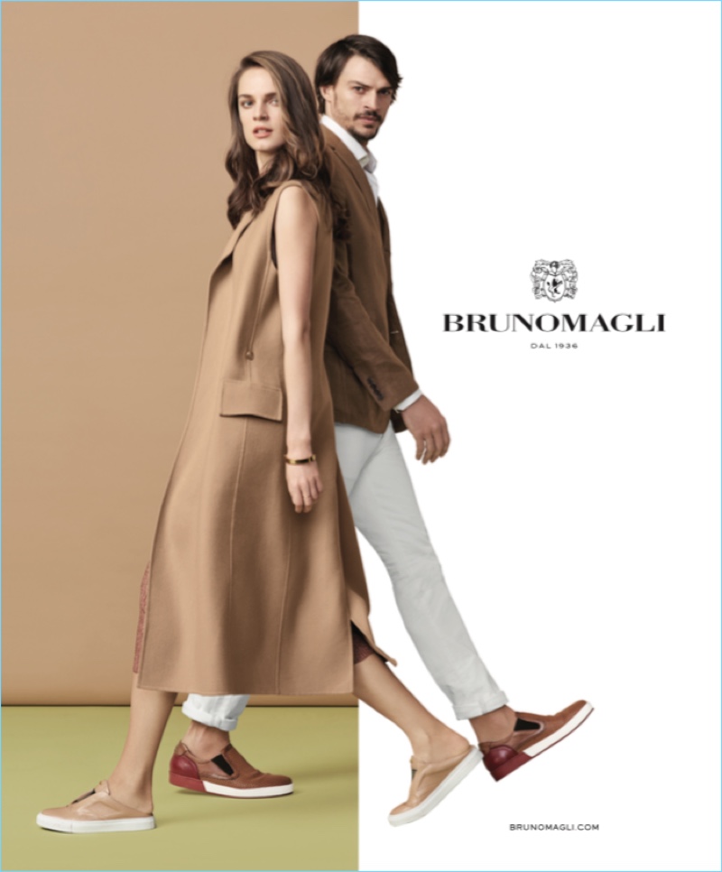 Polina Grebeniuk and Romulo Pires don brown footwear and coordinating ensembles for Bruno Magli's spring-summer 2017 campaign.
