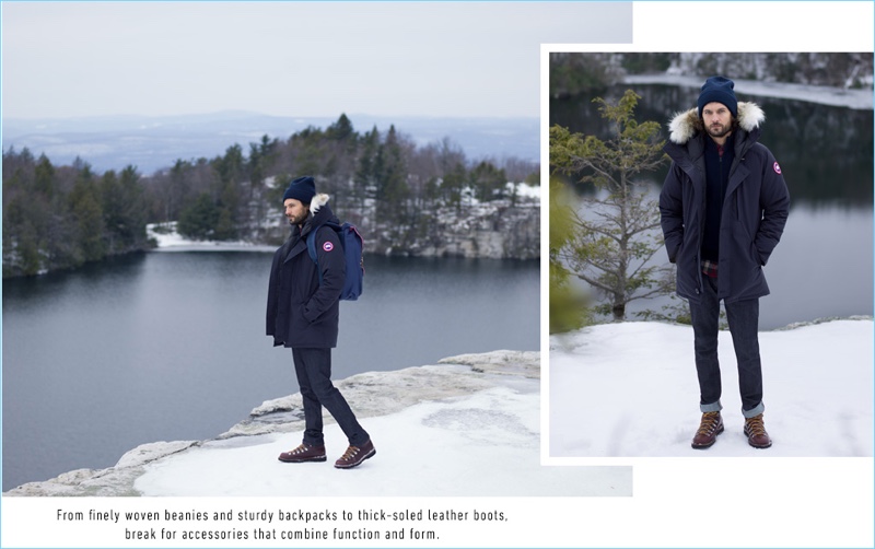 Exploring a snowy winter scene, Malcolm Jackson wears a Canada Goose parka with fur. Malcolm complements his look with Baldwin selvedge denim jeans, Danner boots, a Rag & Bone Standard Issue knit beanie, and backpack by Herschel Supply Co.