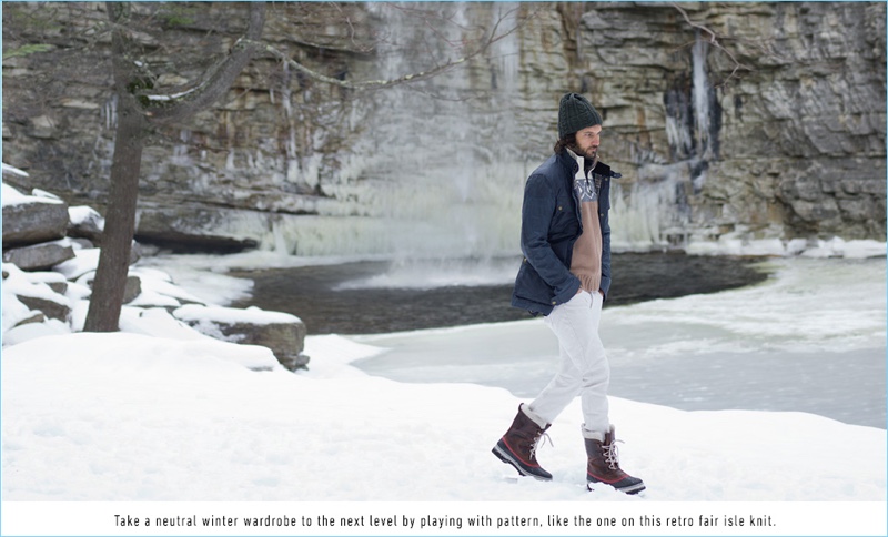 Going for a winter stroll, Malcolm Jackson wears a Belstaff Roadmaster jacket with a Z Zegna full-zip cardigan and Rag & Bone Standard Issue selvedge denim jeans. Malcolm's look is complete with a Howlin' knit beanie and Sorel Caribou WL boots.