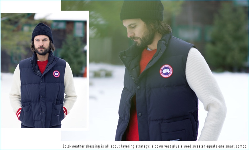 Embracing cold weather dressing, Malcolm Jackson sports a Canada Goose vest and Rag & Bone sweater with a Rag & Bone Standard Issue knit beanie.