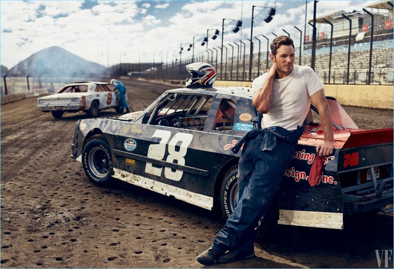 Mark Seliger photographs Chris Pratt at the Perris Auto Speedway.