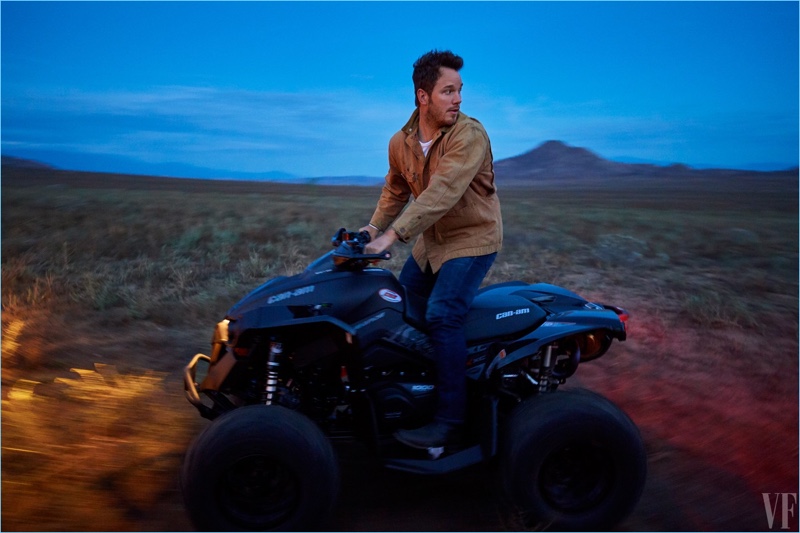 Chris Pratt goes off-roading with Vanity Fair for the magazine's February 2017 issue.