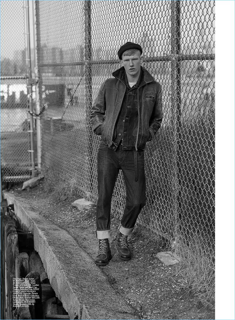 Sporting a workwear inspired look, Connor Newall appears in an editorial for Summerwinter.