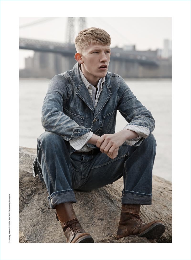 Stylist Mark Holmes outfits Connor Newall in denim for Summerwinter Homme.