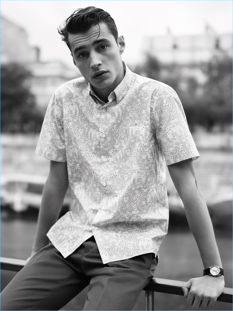 A casual vision, Adrien Sahores sports a short-sleeve print shirt from De Fursac. » Adrien Sahores Fronts De Fursac's Chic Spring A casual vision, Adrien Sahores sports a short-sleeve print shirt from De Fursac.