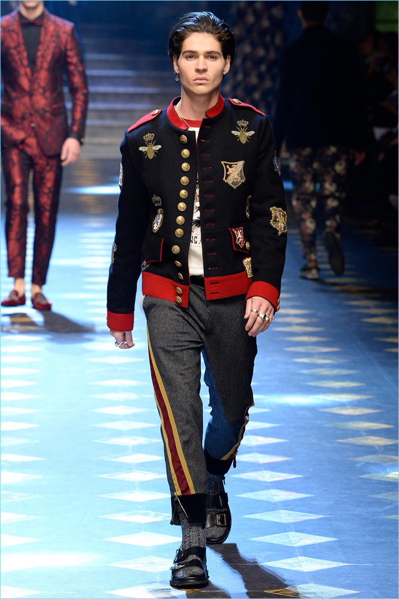 Will Peltz hits the runway in a military-inspired look by Dolce & Gabbana.