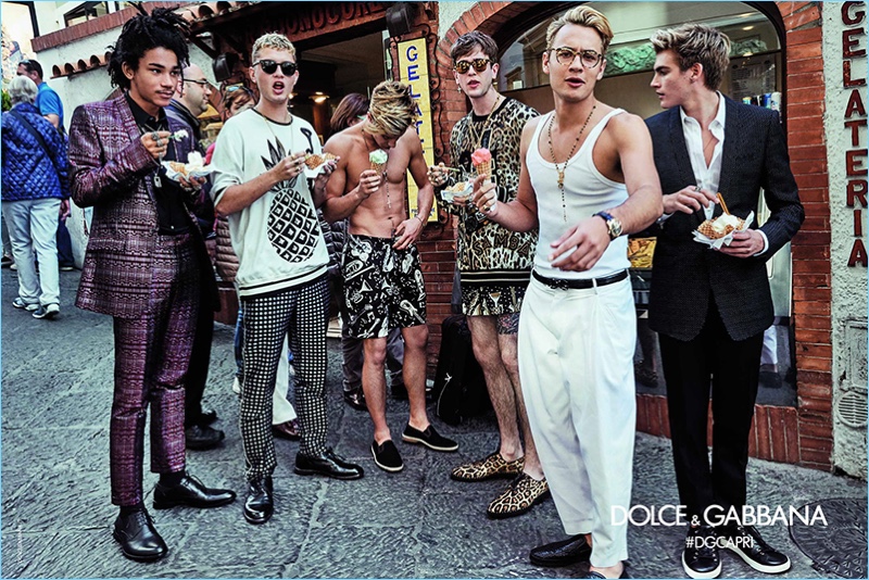 Luka Sabbat, Rafferty Law, Cameron Dallas, Gabriel-Kane Day-Lewis, Brandon Thomas Lee, and Presley Gerber enjoy gelato for Dolce & Gabbana's spring-summer 2017 campaign.