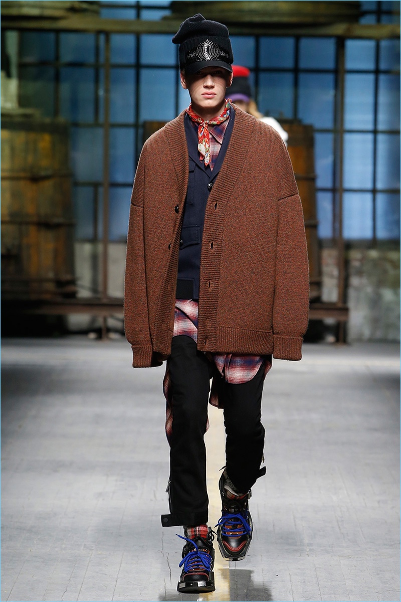 Dsquared2 perfects oversized cardigans and flannel shirts for its fall-winter 2017 men's collection.