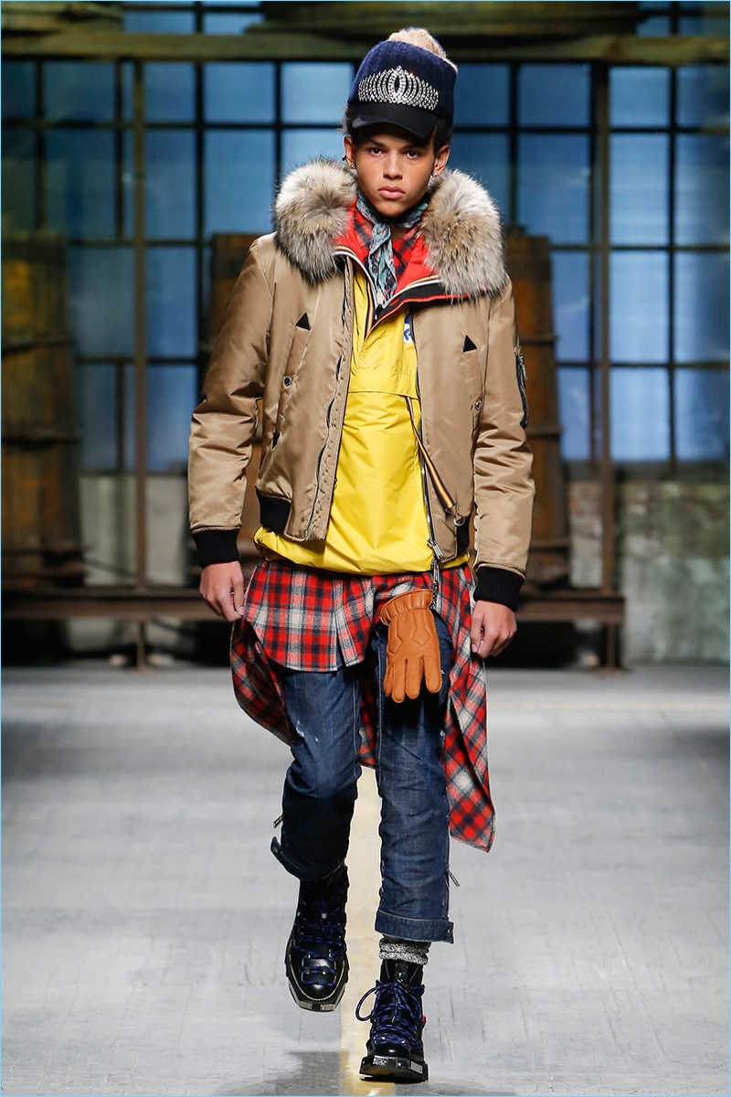 Rugged winter style lends itself to a fun wardrobe update with Dsquared2's selection of bright colors.