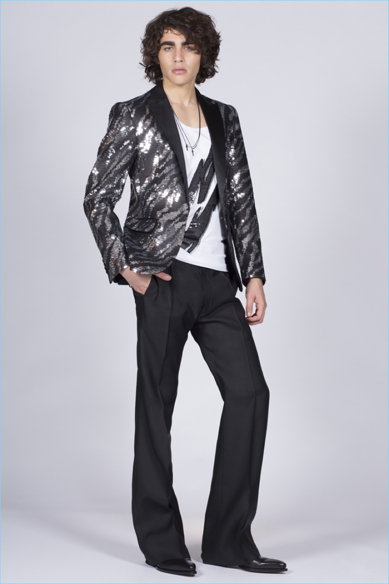 Channeling a rock 'n' roll edge, Francisco Perez wears a sequined tuxedo jacket by Dsquared2.