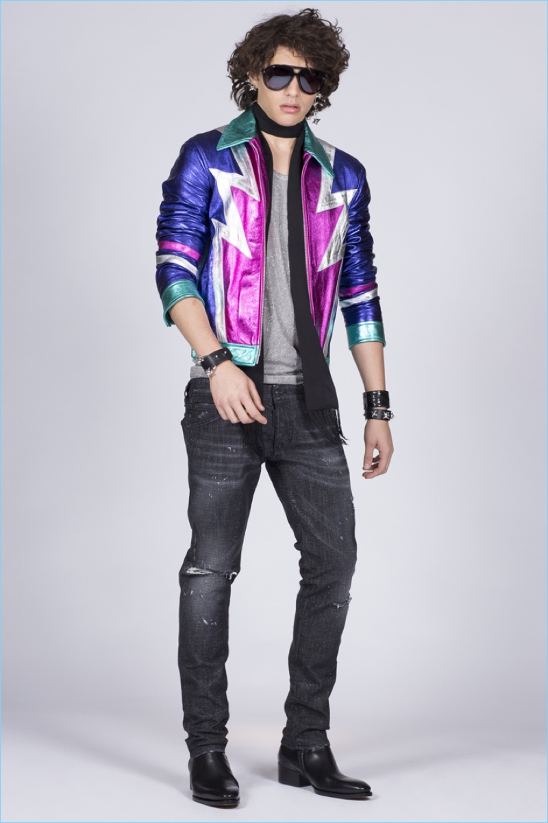 Making a bold statement, Francisco Perez rocks a metallic leather jacket by Dsquared2.