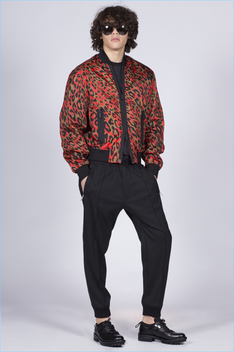 Front and center, Francisco Perez dons a leopard print bomber jacket by Dsquared2.