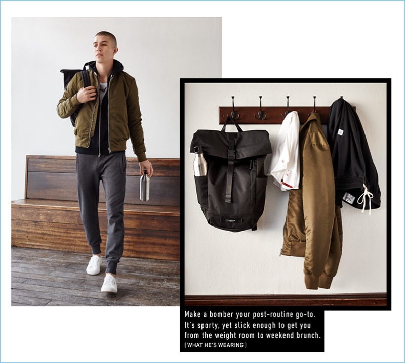 Transition from the gym to leisure with this simple look. Justin sports a PS by Paul Smith bomber jacket, Reigning Champ hoodie, T by Alexander Wang tee, Y-3 sweatpants, Timbuk2 backpack, and Superga sneakers.