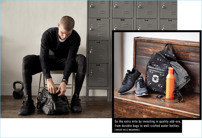 Justin checks his gym gear in a Reigning Champ sweatshirt, BLK DNM t-shirt, Public School shorts, HALO tights, and Y-3 sneakers.