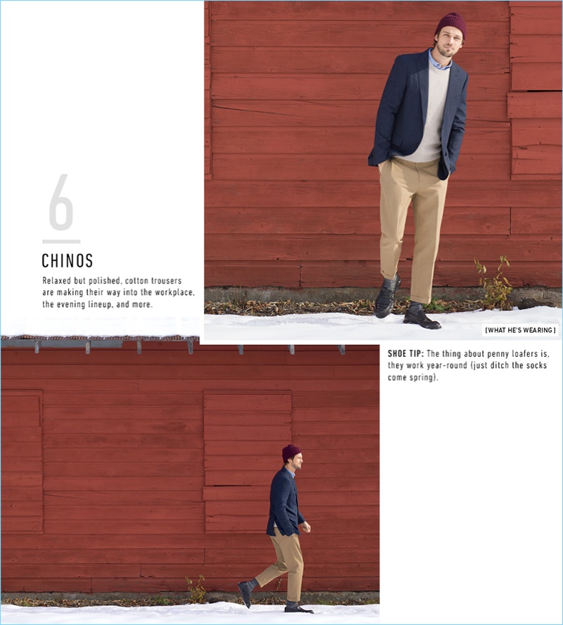 Chinos: Tap into smart style with cotton trousers or chinos. Vince's relaxed cropped trousers are picture-perfect with a Club Monaco Grant peak lapel suit blazer and A.P.C. shirt. A Club Monaco merino twill sweater, cashmere beanie, and George Brown BILT penny loafers complete the look.