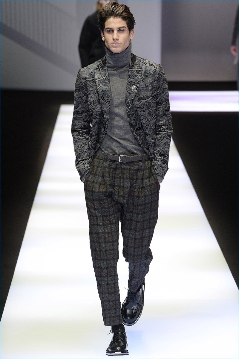 Checks and tonal patterns come together for Emporio Armani's fall-winter 2017 collection.