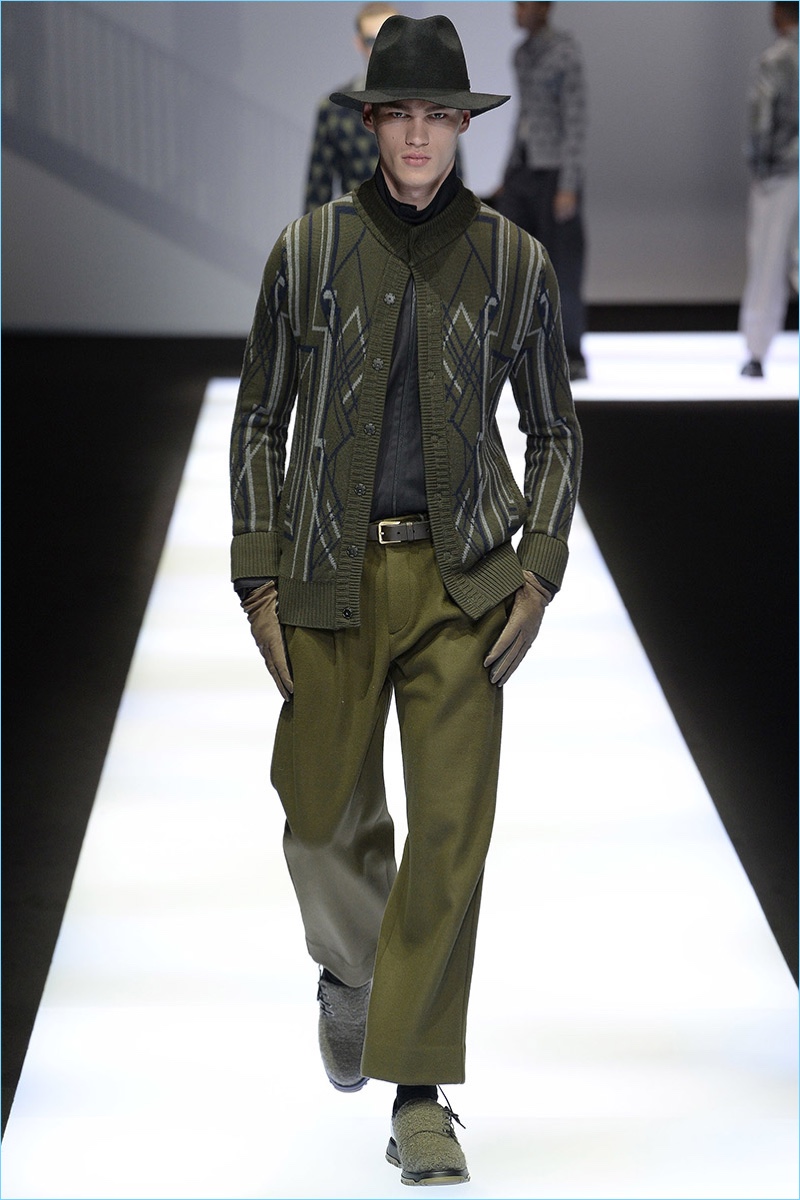 Emporio Armani embraces green for a monochromatic number from its fall-winter 2017 men's collection.