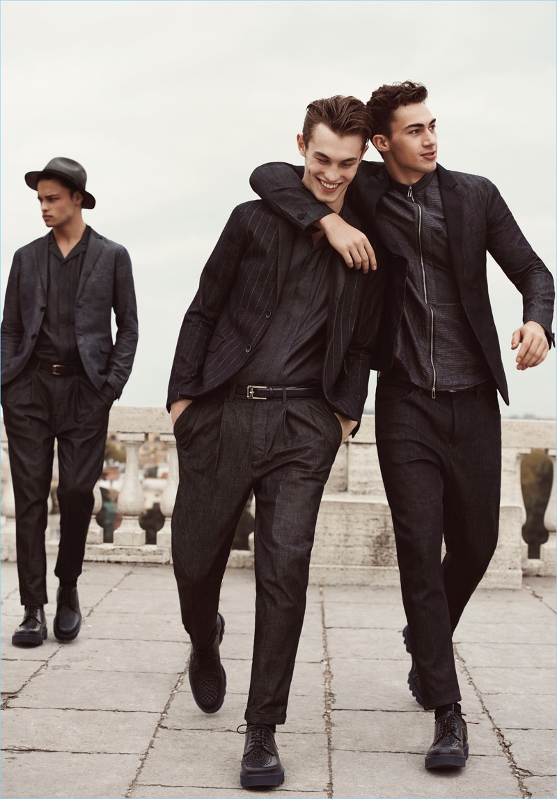 All smiles, Mattia Harnacke, Kit Butler, and Alessio Pozzi come together for Emporio Armani's spring-summer 2017 campaign.