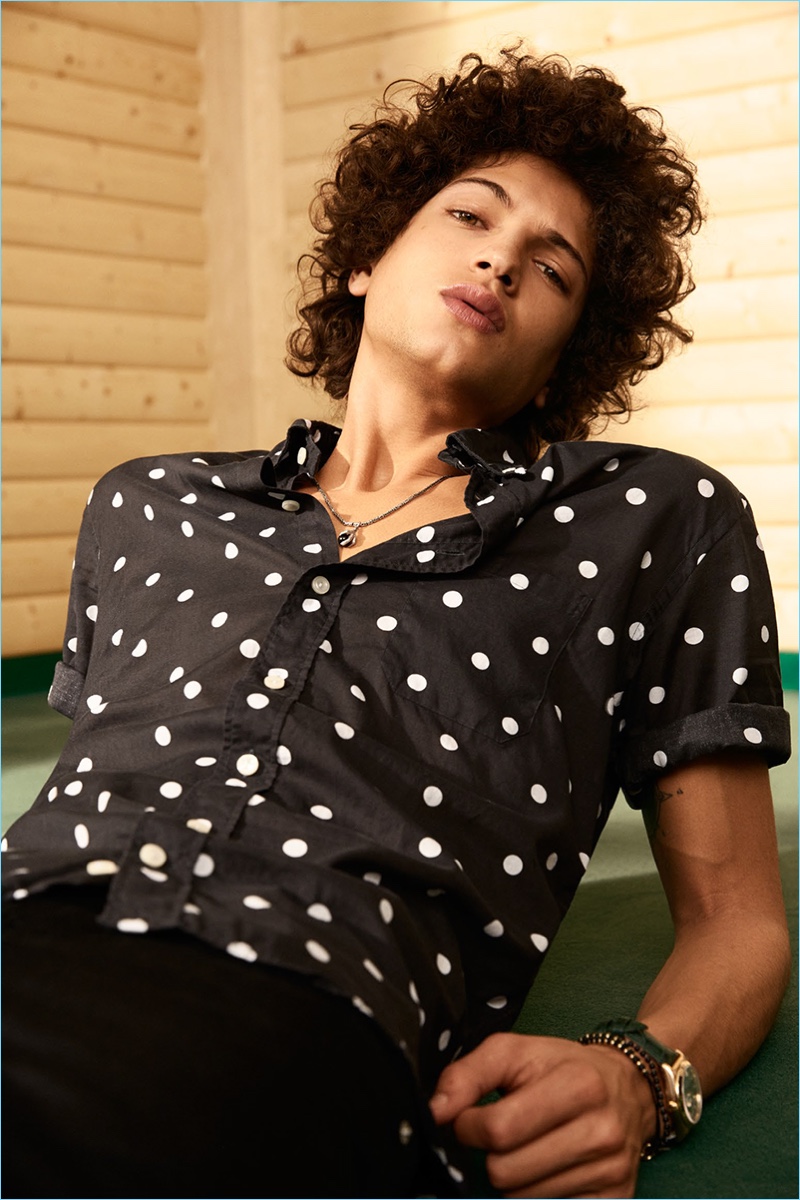 Model Djavan Mandoula sports a polka dot shirt by Eton.