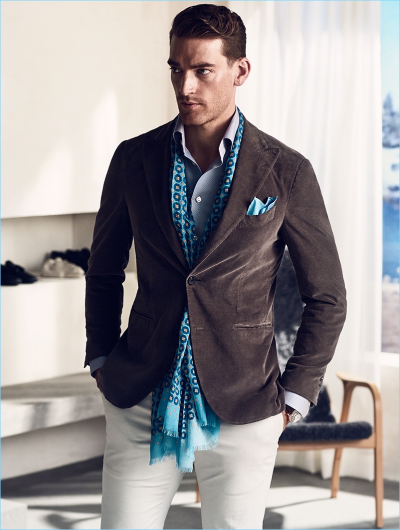 Dreaming up a sophisticated summer day, Eton puts forth a smart twill shirt, patterned scarf, and pocket square.