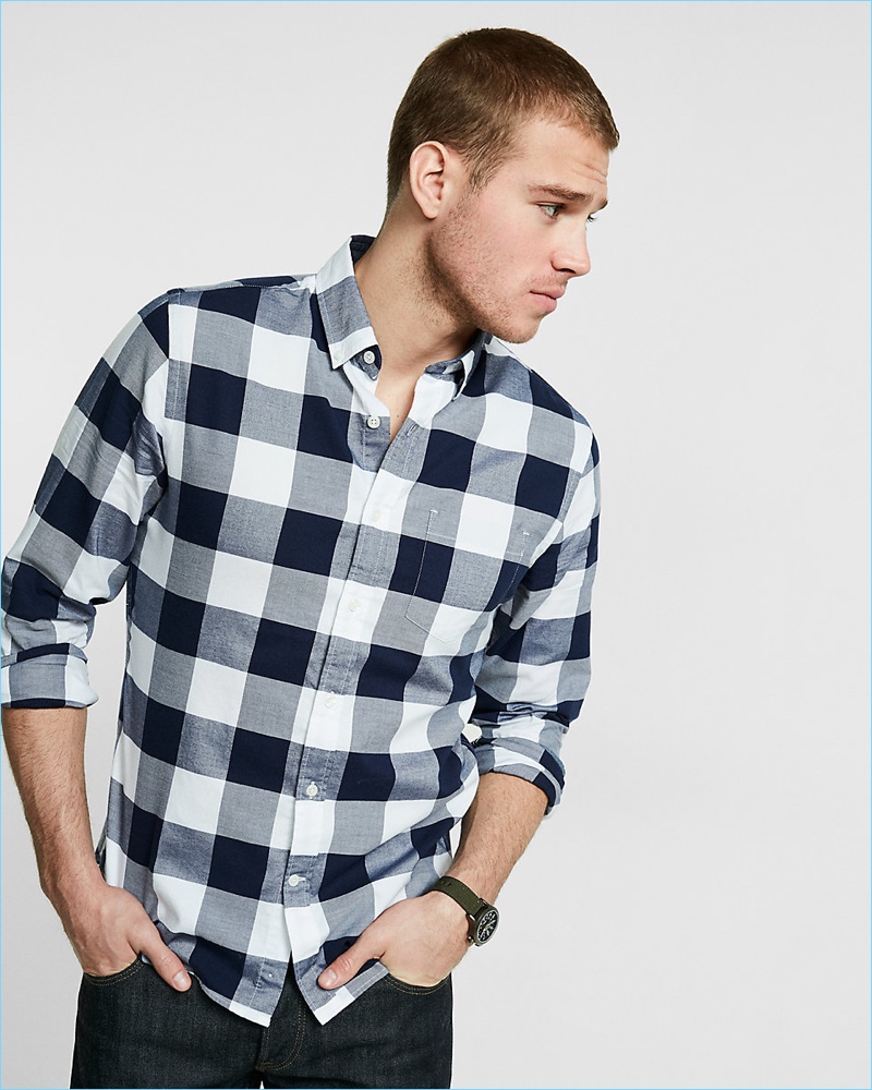 Express Men's Blue Buffalo Check Shirt