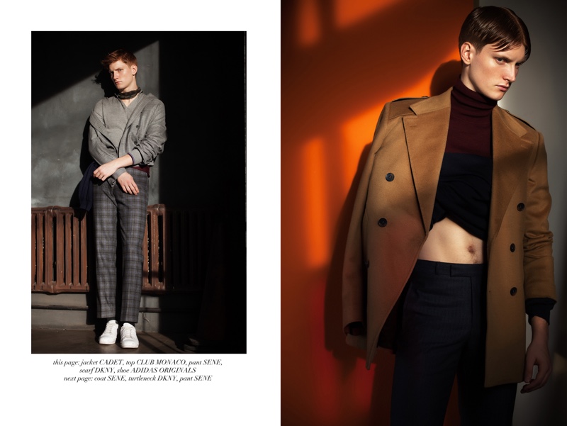 Left: Adam wears jacket Cadet, top Club Monaco, pants Sene, scarf DKNY, and shoes Adidas Originals. Right: Adam wears turtleneck DKNY, coat and pants Sene.