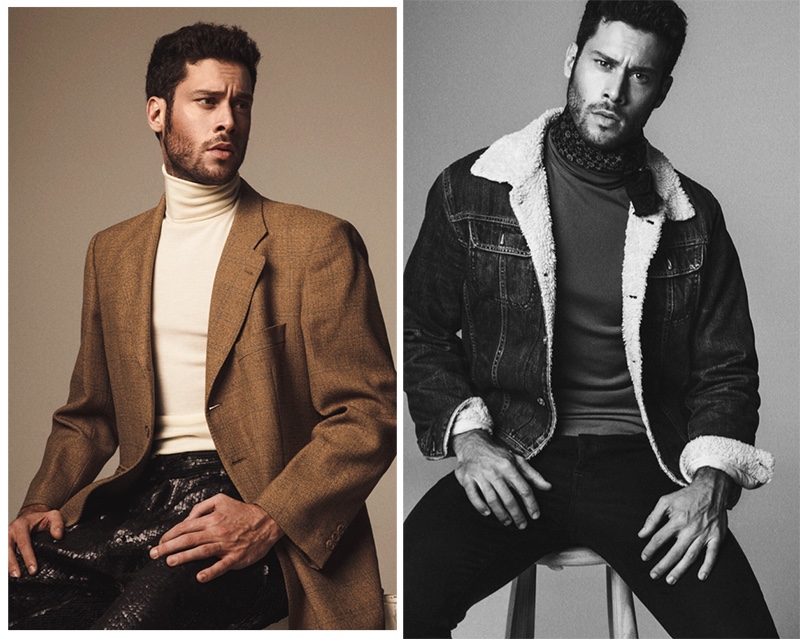 Left: Jose wears blazer Massimo Dutti, turtleneck Hugo Boss, and pants Ana Locking. Right: Jose wears denim jacket Diesel, scarf Carolina Herrera, top Hugo Boss, and jeans G-Star Raw.