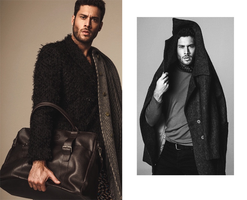 Left: Jose wears blazer Ana Locking, coat Herno, bag Carolina Herrera, and pants Victor Caballero. Right: Jose wears coat Habey, top Hugo Boss, scarf Carolina Herrera, belt Antony Morato, and jeans G-Star Raw.