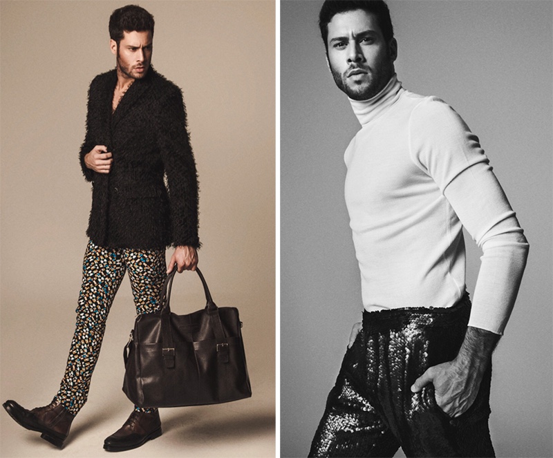 Left: Jose wears blazer Ana Locking, pants Victor Caballero, boots Zara, and bag Carolina Herrera. Right: Jose wears turtleneck Hugo Boss and pants Ana Locking.