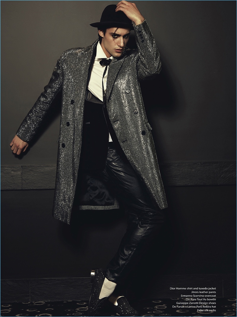 Channeling Michael Jackson, Felix Cordier dons an Ermanno Scervino double-breasted coat with Jitrois leather pants. Felix also wears a Dior Homme shirt and tuxedo jacket with a De Fursac fedora hat and Giuseppe Zanotti shoes.