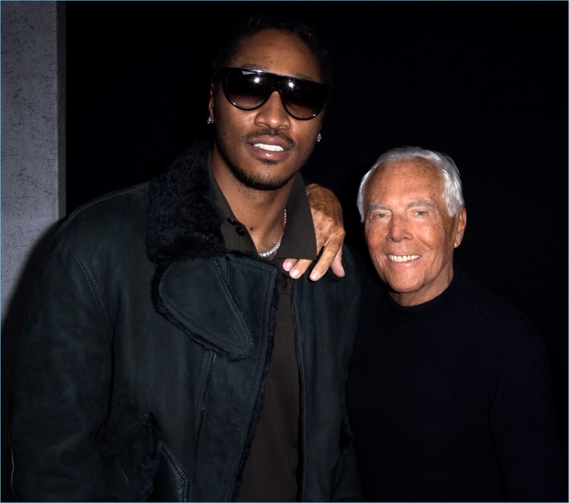 Future poses for pictures with Giorgio Armani at the designer's fall-winter 2017 men's show.