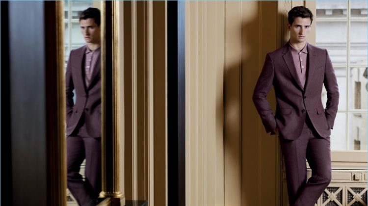 A striking vision, Tom Warren wears a purple suit for Gieves & Hawkes' spring-summer 2017 campaign.
