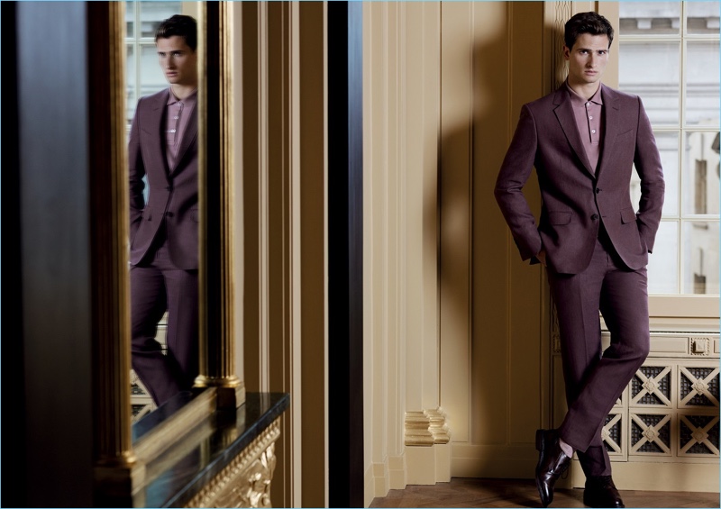 A striking vision, Tom Warren wears a purple suit for Gieves & Hawkes' spring-summer 2017 campaign.