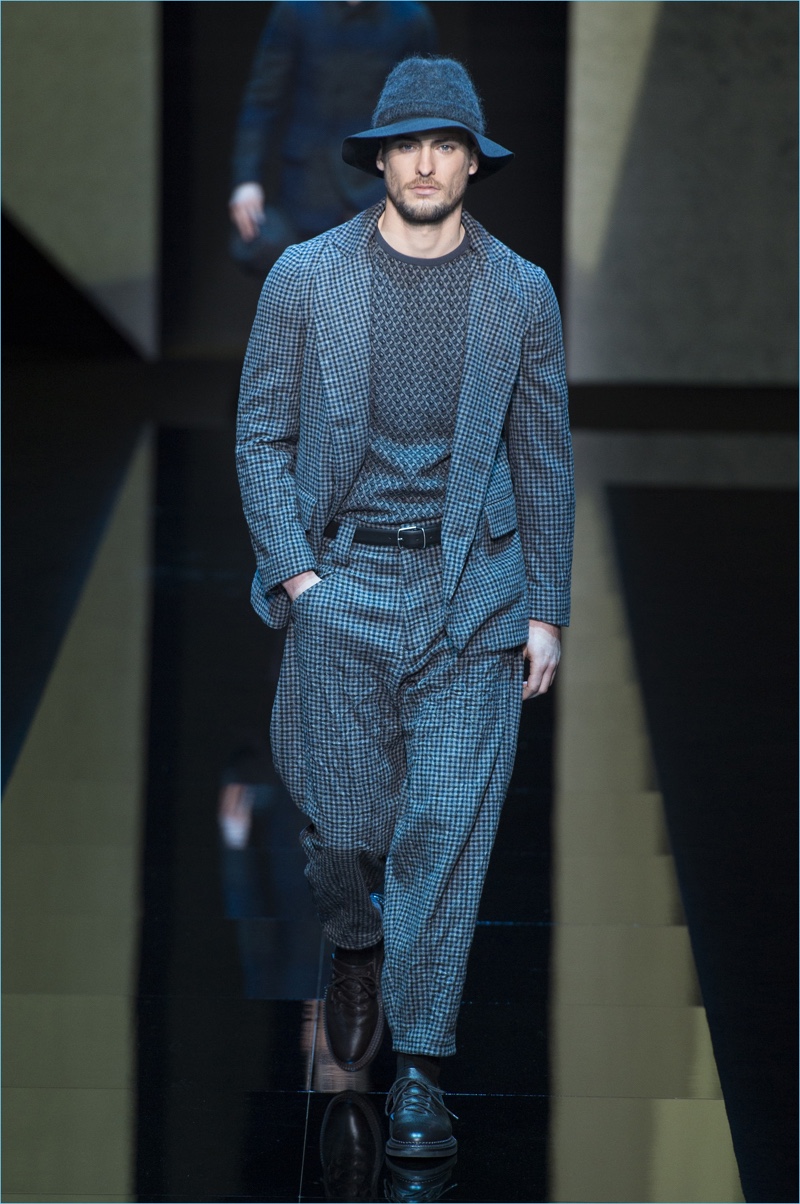 All-over prints are executed in cool tones for Giorgio Armani's fall-winter 2017 men's collection.