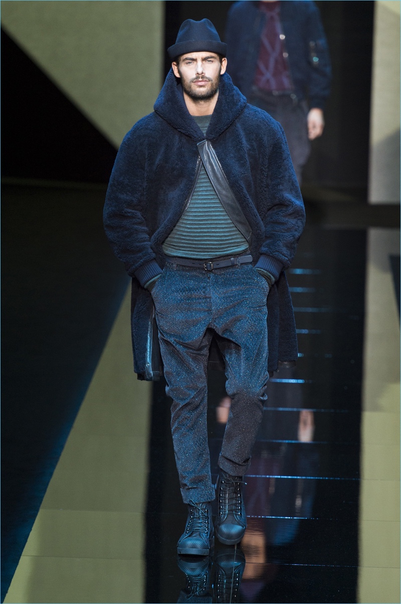 Hooded coats contribute to Giorgio Armani's hero pieces for fall-winter 2017.