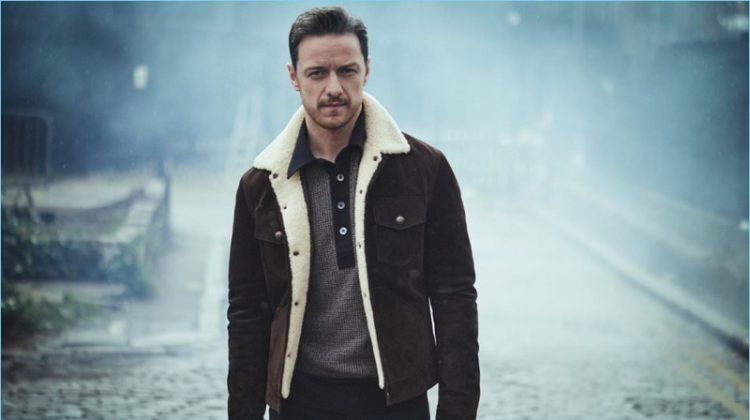 Venturing outdoors, James McAvoy wears Ermenegildo Zegna denim jeans with a shearling-trimmed suede jacket and polo shirt by Tom Ford.
