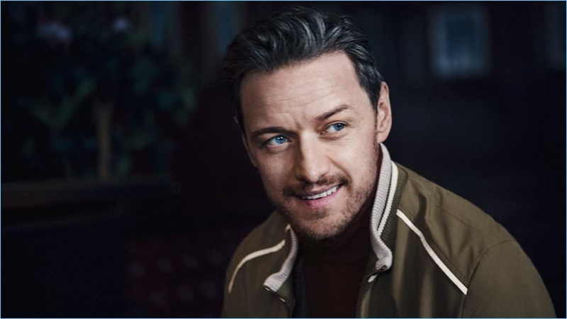 Charming in a photo for Mr Porter, James McAvoy wears a bomber jacket and turtleneck sweater.