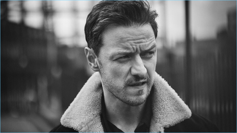 Actor James McAvoy sports a Tom Ford shearling-trimmed suede jacket and polo shirt.