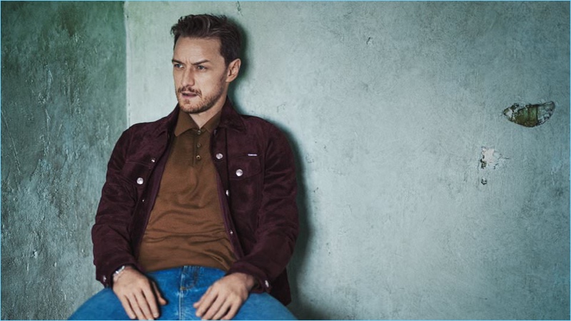 Front and center, James McAvoy wears a Tom Ford suede jacket, Gucci denim jeans, and a Prada knit polo.