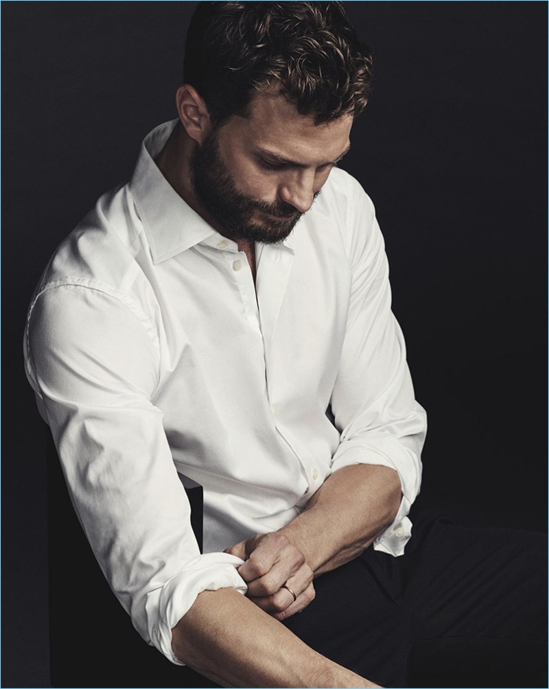 Fifty Shades Darker star Jamie Dornan wears a crisp white Neil Barrett shirt for GQ Australia.