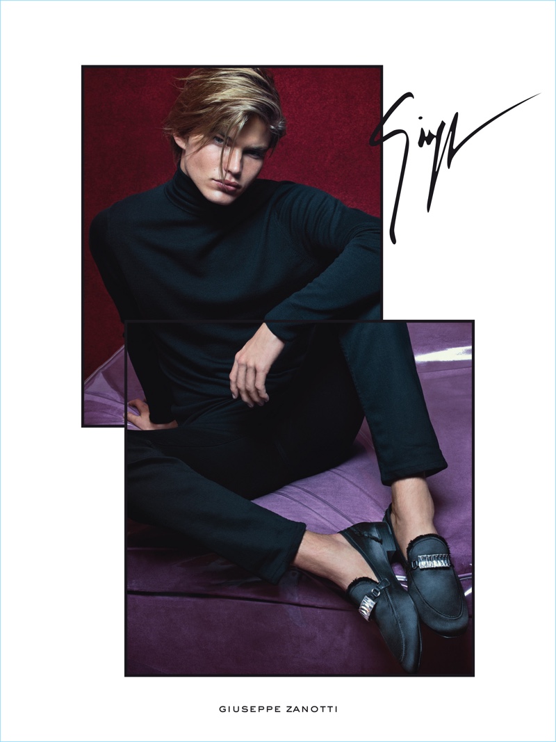 Jordan Barrett dons Giuseppe Zanotti's William satin loafer for the brand's spring-summer 2017 campaign.