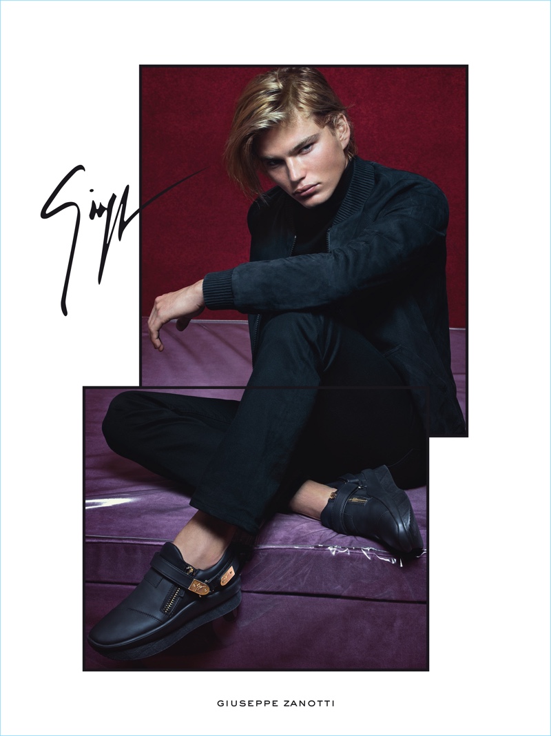 Australian model Jordan Barrett wears Giuseppe Zanotti's Tejay flatform sole sneakers for the label's spring-summer 2017 campaign.