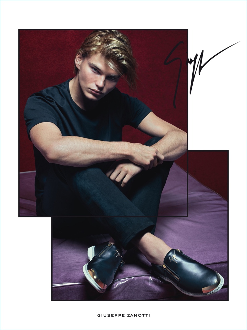 Model Jordan Barrett is front and center in Giuseppe Zanotti's Cooper leather side-zip loafers for the brand's spring-summer 2017 campaign.