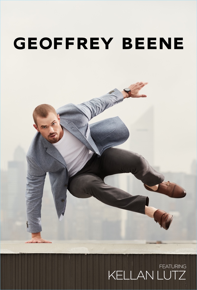 Kellan Lutz leaps into action for Geoffrey Beene's new advertising campaign. » Kellan Lutz is a Man on a Mission for New Geoffrey Beene Campaign Kellan Lutz leaps into action for Geoffrey Beene's new advertising campaign.