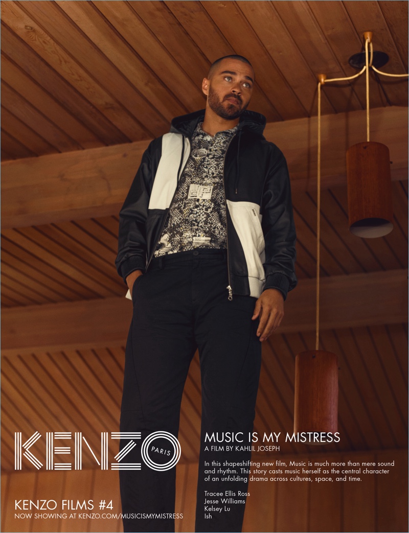 Jesse Williams wears a sporty ensemble for Kenzo's spring-summer 2017 men's campaign.