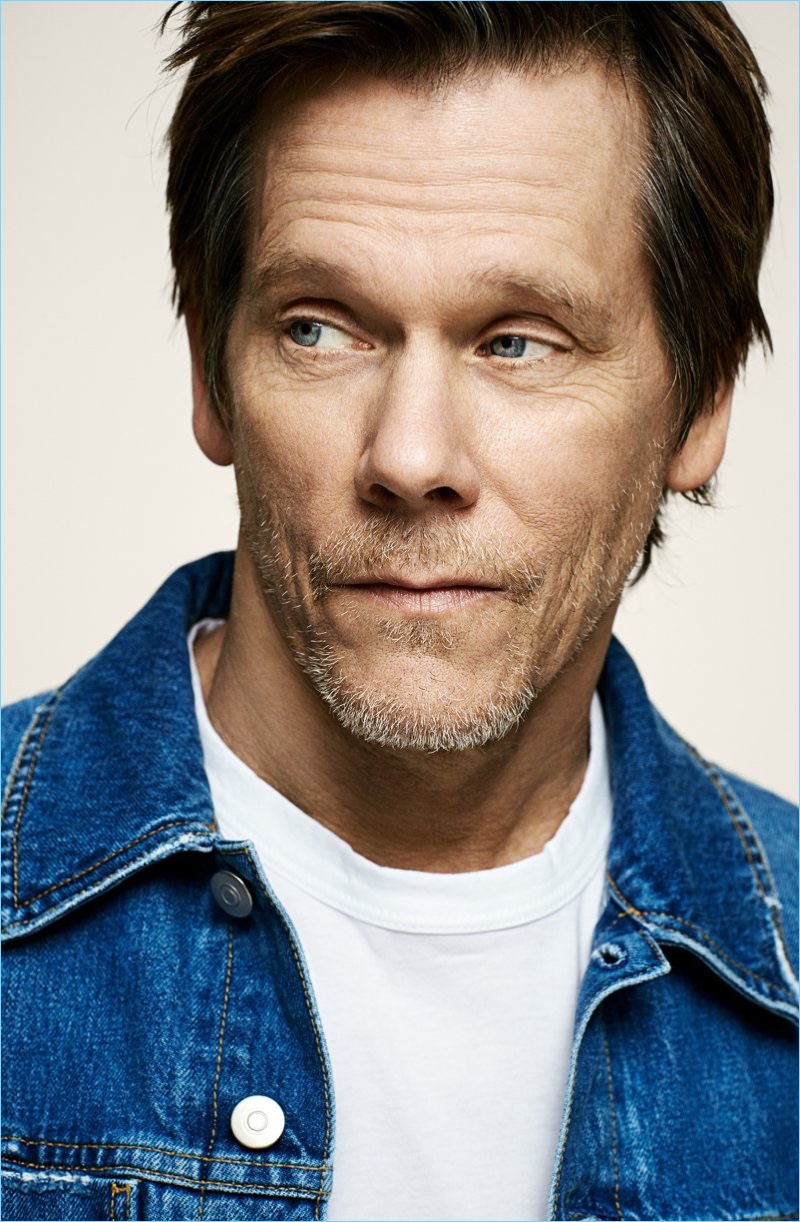 Embracing basics, Kevin Bacon wears a Maison Margiela denim jacket and James Perse t-shirt.