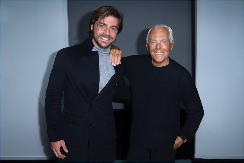 Actor Lourenço Ortigão poses for pictures with Giorgio Armani.