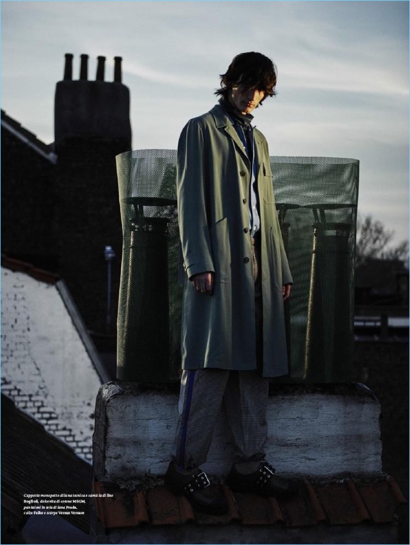 Standing tall, Luca Lemaire wears MSGM, Boglioli, and Prada for L'Officiel Hommes Italia.