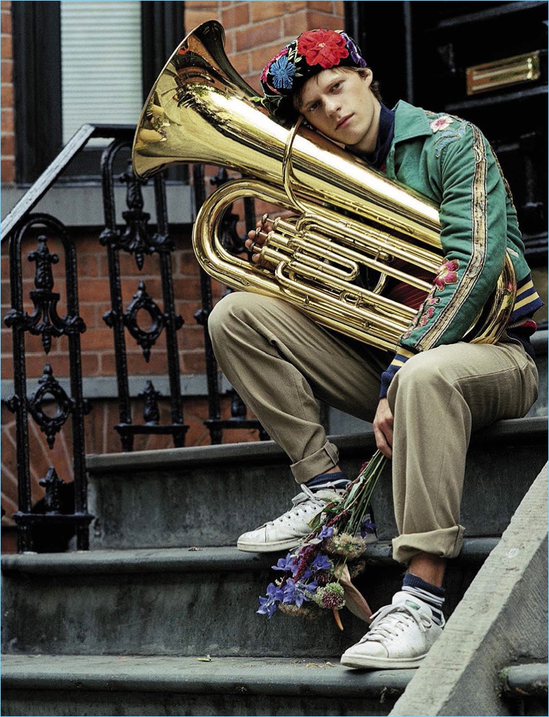 Going quirky, Lucas Hedges sports a look from Italian fashion house, Gucci.